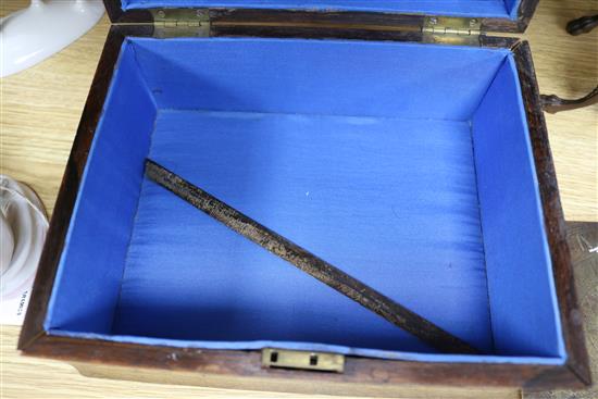 A Tunbridge ware box, a pair monopodia bronze candlesticks and a sun dial box length 23.4cm